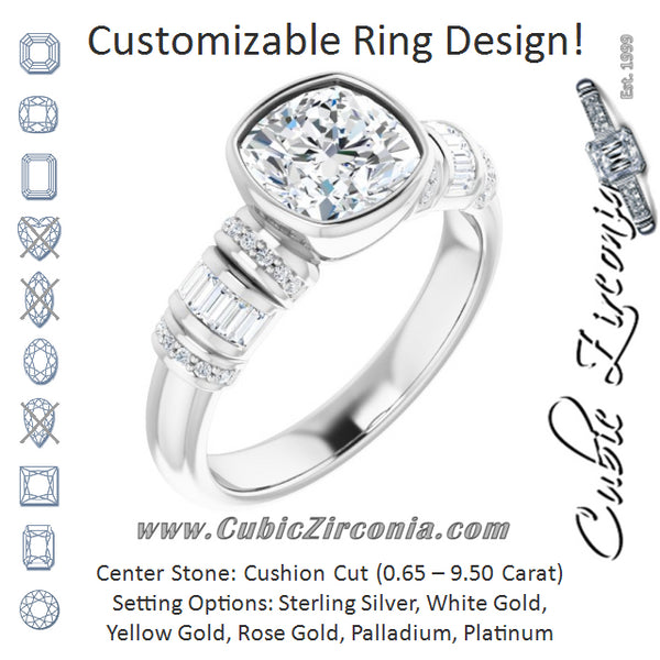 Cubic Zirconia Engagement Ring- The Coralie (Customizable Bezel-set Cushion Cut Setting with Wide Sleeve-Accented Band)