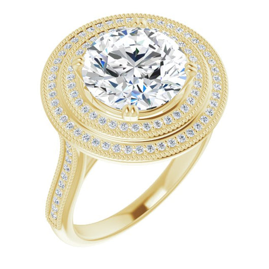 10K Yellow Gold Customizable Round Cut Design with Elegant Double Halo, Houndstooth Milgrain and Band-Channel Accents