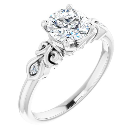 10K White Gold Customizable 3-stone Round Cut Design with Small Round Accents and Filigree