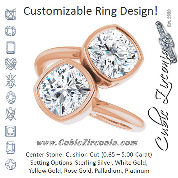 Cubic Zirconia Engagement Ring- The Mirella (Customizable 2-stone Double Bezel Cushion Cut Design with Artisan Bypass Band)