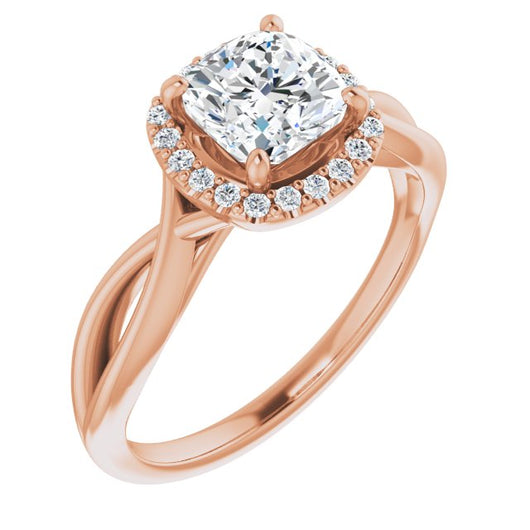 10K Rose Gold Customizable Cathedral-Halo Cushion Cut Design with Twisting Split Band