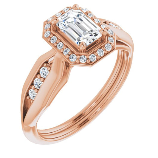 10K Rose Gold Customizable Cathedral-raised Emerald/Radiant Cut Design with Halo and Tri-Cluster Band Accents