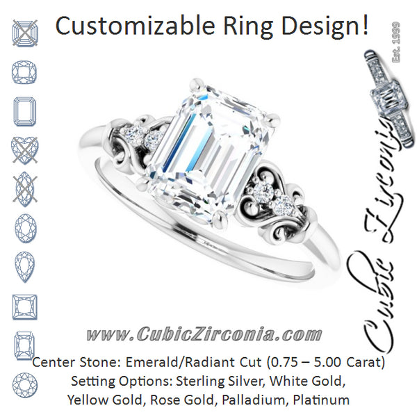 Cubic Zirconia Engagement Ring- The Amice (Customizable Vintage 5-stone Design with Emerald Cut Center and Artistic Band Décor)