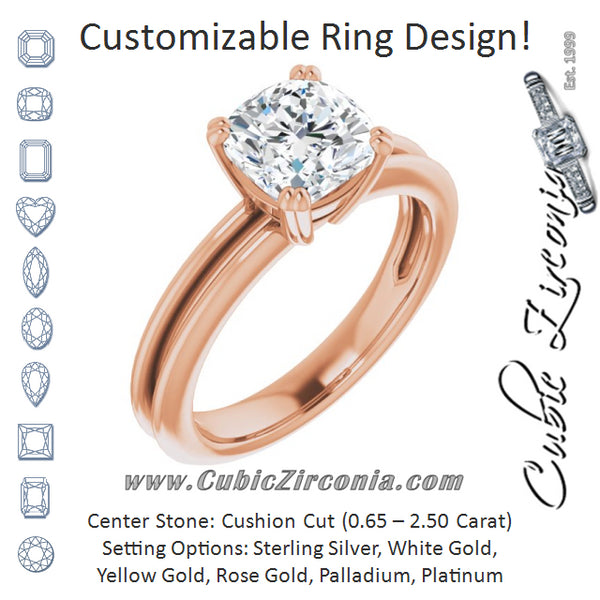 Cubic Zirconia Engagement Ring- The Evie (Customizable Cushion Cut Solitaire with Grooved Band)