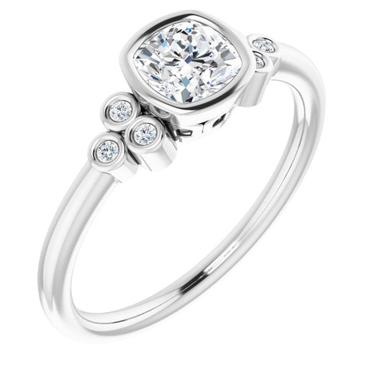 10K White Gold Customizable 7-stone Cushion Cut Style with Triple Round-Bezel Accent Cluster Each Side