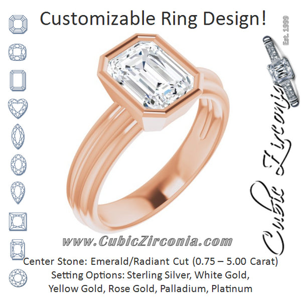 Cubic Zirconia Engagement Ring- The Aretha (Customizable Bezel-set Emerald Cut Solitaire with Grooved Band)