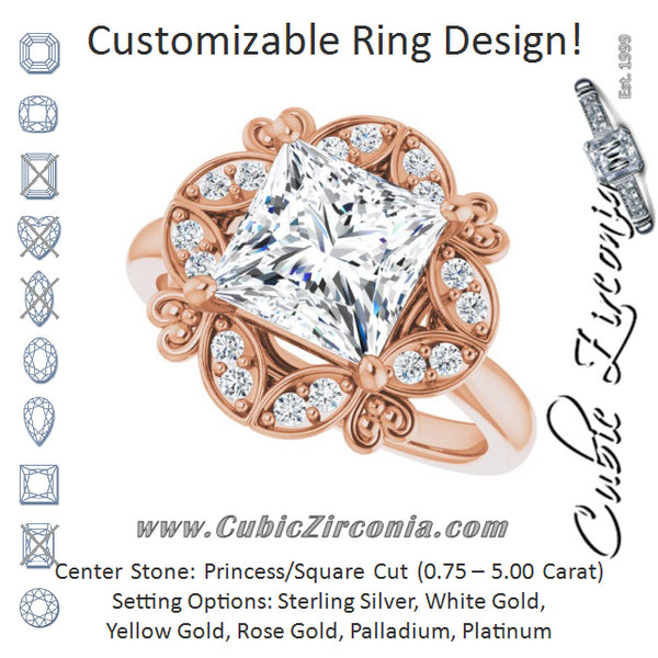 Cubic Zirconia Engagement Ring- The Hé Zhang (Customizable Princess/Square Cut Design with Floral Segmented Halo & Sculptural Basket)