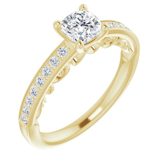 10K Yellow Gold Customizable Cushion Cut Design featuring 3-Sided Infinity Trellis and Round-Channel Accented Band