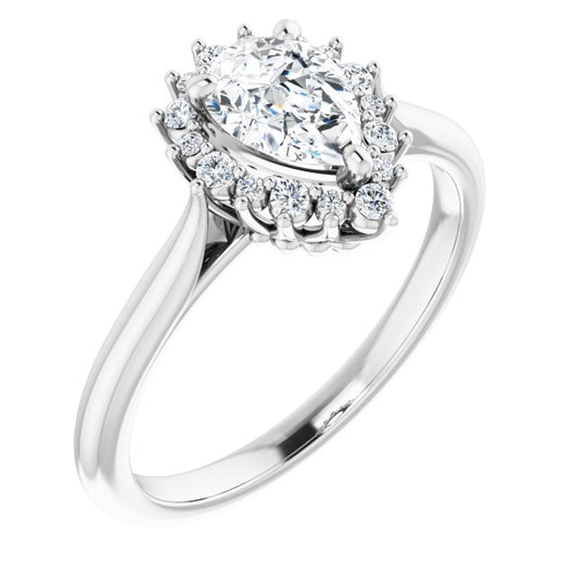 10K White Gold Customizable Crown-Cathedral Pear Cut Design with Clustered Large-Accent Halo & Ultra-thin Band