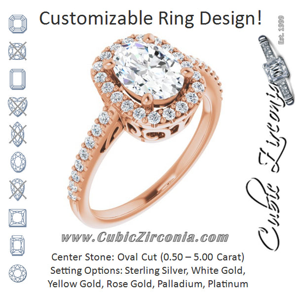 Cubic Zirconia Engagement Ring- The Zaya (Customizable Cathedral-Crown Oval Cut Design with Halo and Accented Band)