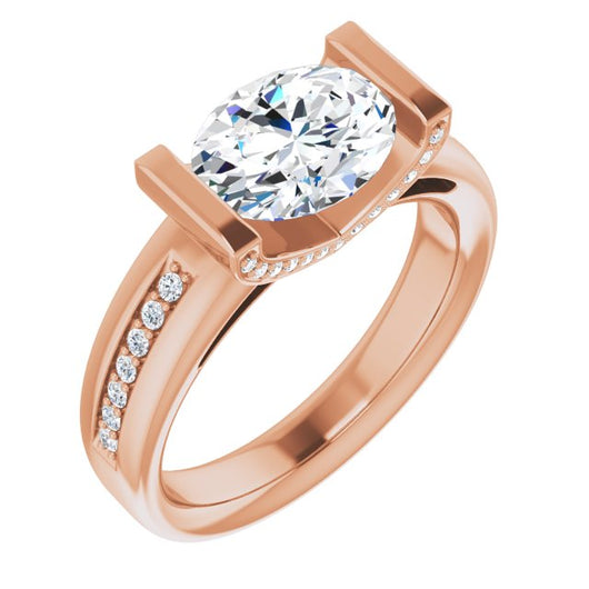 10K Rose Gold Customizable Cathedral-Bar Oval Cut Design featuring Shared Prong Band and Prong Accents