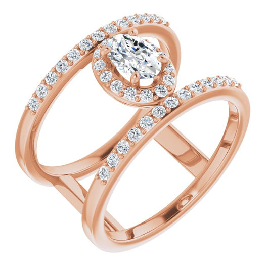 10K Rose Gold Customizable Oval Cut Halo Design with Open, Ultrawide Harness Double Pavé Band