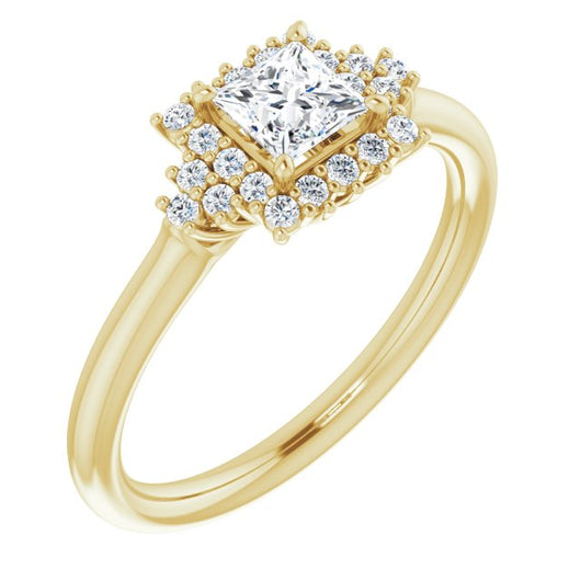 10K Yellow Gold Customizable Princess/Square Cut Cathedral-Halo Design with Tri-Cluster Round Accents