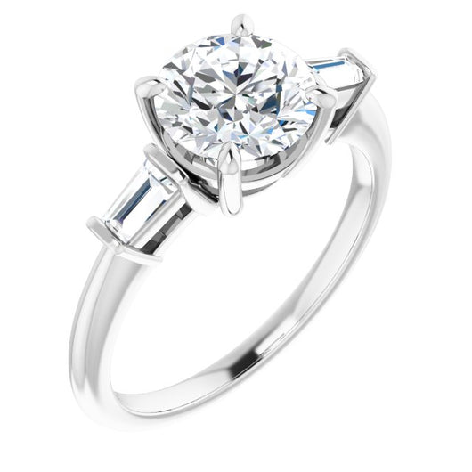 10K White Gold Customizable 3-stone Round Cut Design with Dual Baguette Accents)