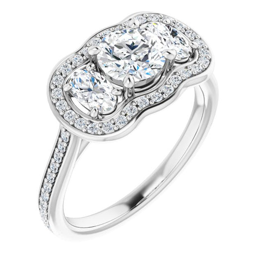 10K White Gold Customizable Round Cut Style with Oval Cut Accents, 3-stone Halo & Thin Shared Prong Band