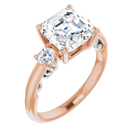 14K Rose & White Gold Customizable Asscher Cut 3-stone Style featuring Heart-Motif Band Enhancement