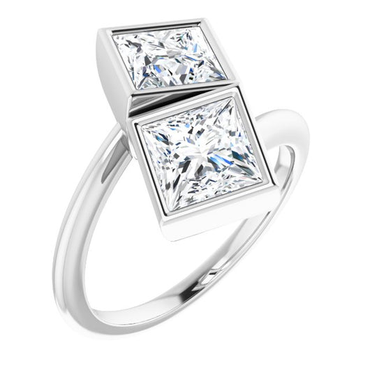 10K White Gold Customizable 2-stone Double Bezel Princess/Square Cut Design with Artisan Bypass Band