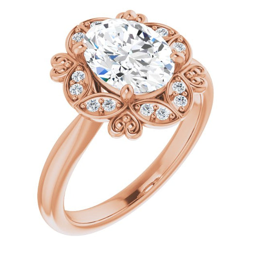 10K Rose Gold Customizable Oval Cut Design with Floral Segmented Halo & Sculptural Basket