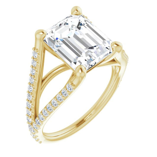 10K Yellow Gold Customizable Cathedral-raised Emerald/Radiant Cut Center with Exquisite Accented Split-band