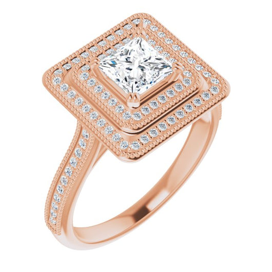 10K Rose Gold Customizable Princess/Square Cut Design with Elegant Double Halo, Houndstooth Milgrain and Band-Channel Accents