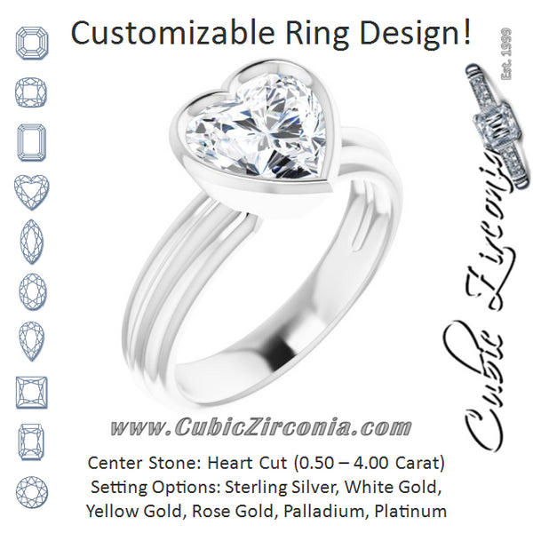 Cubic Zirconia Engagement Ring- The Aretha (Customizable Bezel-set Heart Cut Solitaire with Grooved Band)