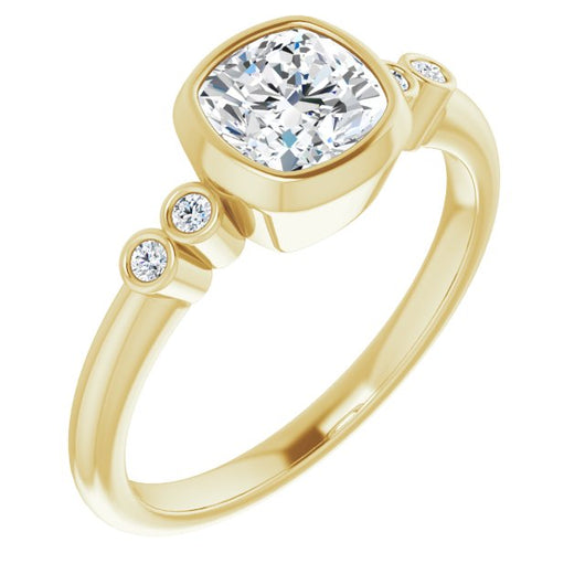 10K Yellow Gold Customizable 5-stone Bezel-set Cushion Cut Design with Quad Round-Bezel Side Stones