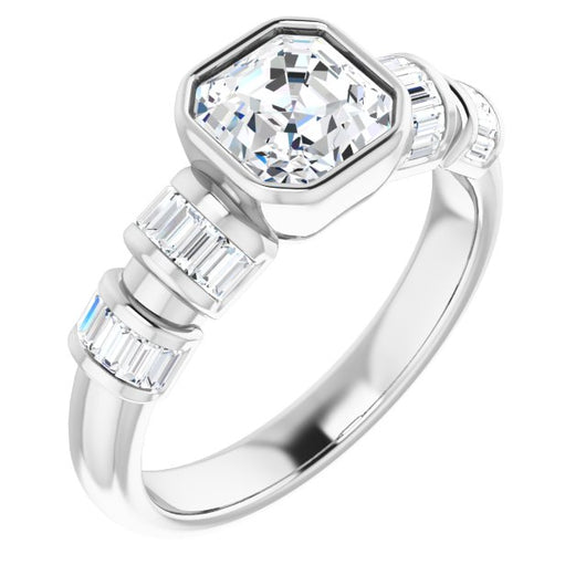 10K White Gold Customizable Bezel-set Asscher Cut Design with Quad Horizontal Band Sleeves of Baguette Accents