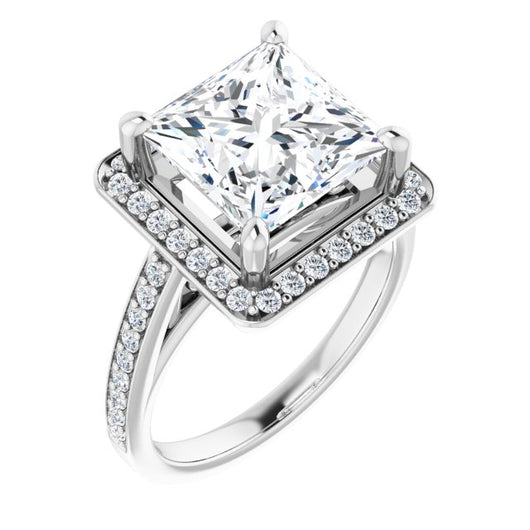 10K White Gold Customizable Princess/Square Cut Style with Halo and Sculptural Trellis