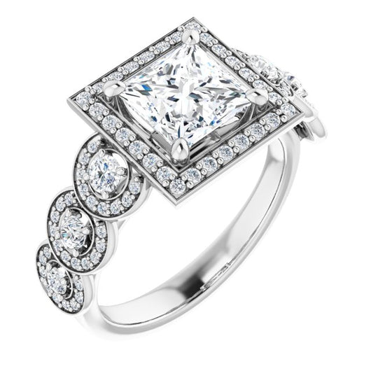 10K White Gold Customizable Cathedral-set Princess/Square Cut 7-stone style Enhanced with 7 Halos