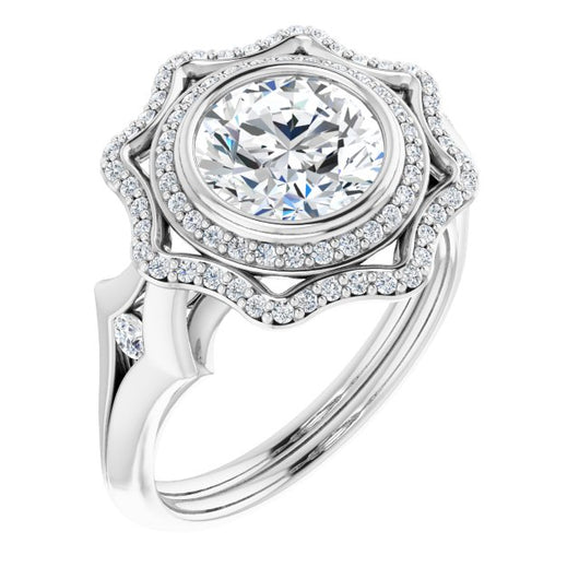 10K White Gold Customizable Cathedral-bezel Round Cut Design with Floral Double Halo and Channel-Accented Split Band