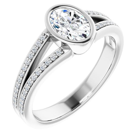 10K White Gold Customizable Bezel-set Oval Cut Design with Split Shared Prong Band