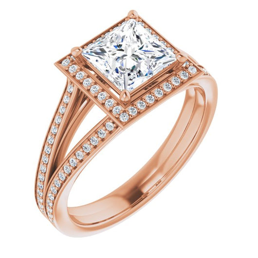 10K Rose Gold Customizable Princess/Square Cut Design with Split-Band Shared Prong & Halo