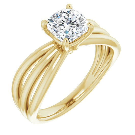 10K Yellow Gold Customizable Cushion Cut Solitaire Design with Wide, Ribboned Split-band