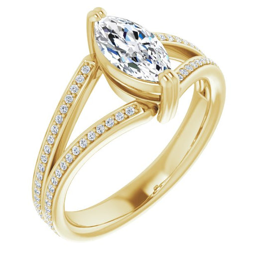 10K Yellow Gold Customizable Marquise Cut Center with 100-stone* "Waterfall" Pavé Split Band