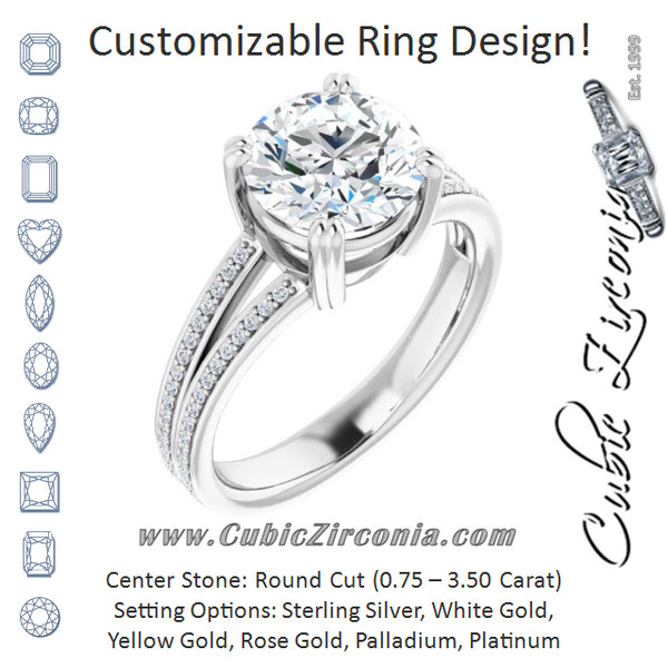 Cubic Zirconia Engagement Ring- The Carlotta (Customizable Round Cut Center with 100-stone* "Waterfall" Pavé Split Band)