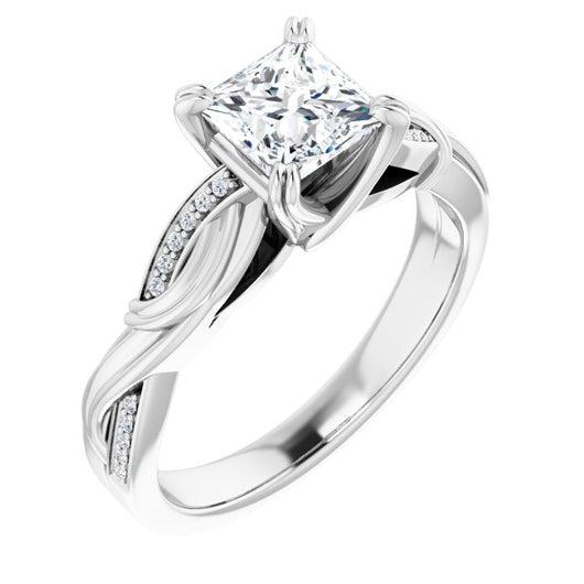 10K White Gold Customizable Cathedral-raised Princess/Square Cut Design featuring Rope-Braided Half-Pavé Band