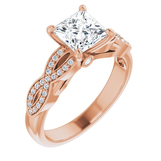 10K Rose Gold Customizable Princess/Square Cut Design featuring Infinity Pavé Band and Round-Bezel Peekaboos