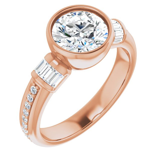 10K Rose Gold Customizable Cathedral-Bezel Round Cut Style with Horizontal Baguettes & Shared Prong Band