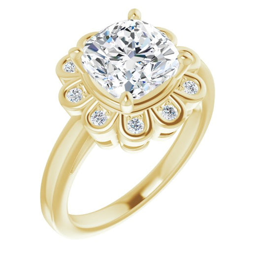 10K Yellow Gold Customizable 9-stone Cushion Cut Design with Round Bezel Side Stones