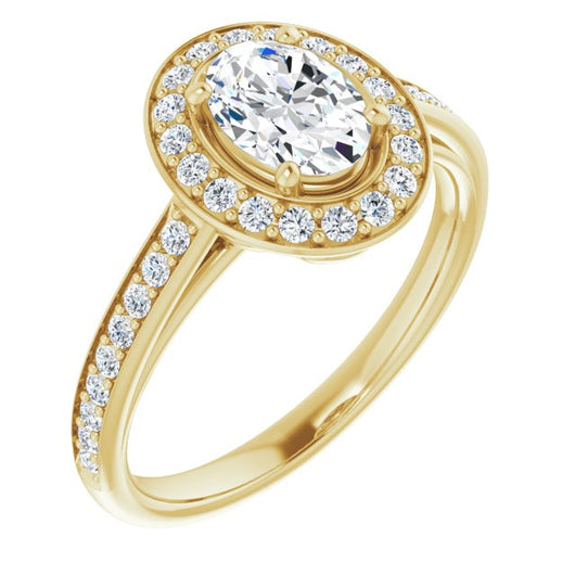 10K Yellow Gold Customizable Cathedral-raised Oval Cut Halo-and-Accented Band Design