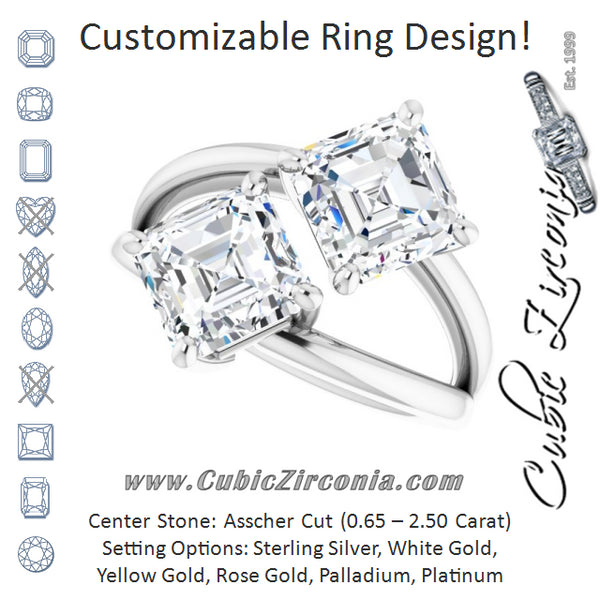 Cubic Zirconia Engagement Ring- The Melaine (Customizable Two Stone Double Asscher Cut Design with Split Bypass Band)