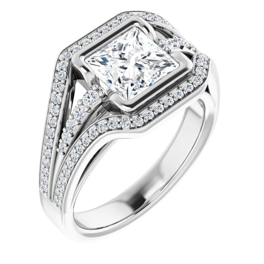 10K White Gold Customizable Cathedral-Bezel Princess/Square Cut Design with Wide Triple-Split-Pavé Band