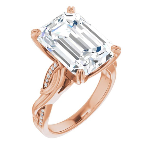 10K Rose Gold Customizable Cathedral-raised Emerald/Radiant Cut Design featuring Rope-Braided Half-Pavé Band