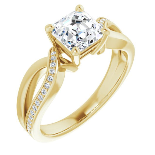 10K Yellow Gold Customizable Asscher Cut Center with Curving Split-Band featuring One Shared Prong Leg