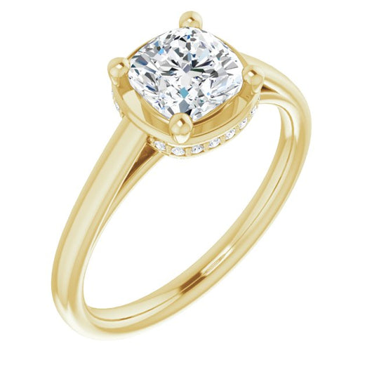 10K Yellow Gold Customizable Super-Cathedral Cushion Cut Design with Hidden-stone Under-halo Trellis