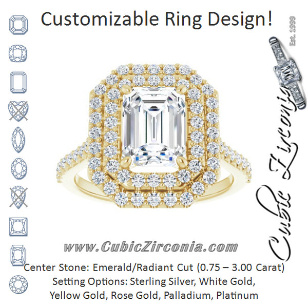 Cubic Zirconia Engagement Ring- The Danielle (Customizable Double-Halo Emerald Cut Design with Accented Split Band)