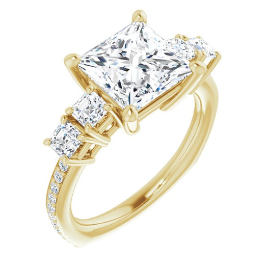 10K Yellow Gold Customizable Princess/Square Cut 5-stone Style with Quad Princess/Square Accents plus Shared Prong Band