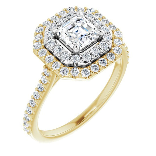 14K Yellow & White Gold Customizable Double-Halo Asscher Cut Design with Accented Split Band