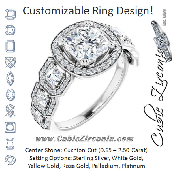 Cubic Zirconia Engagement Ring- The Carmela (Customizable Cathedral-Halo Cushion Cut Design with Six Halo-surrounded Asscher Cut Accents and Ultra-wide Band)