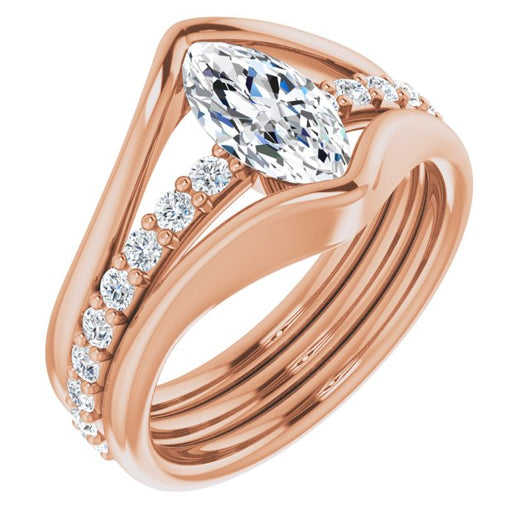 10K Rose Gold Customizable Bezel-set Marquise Cut Style with Thick Pavé Band